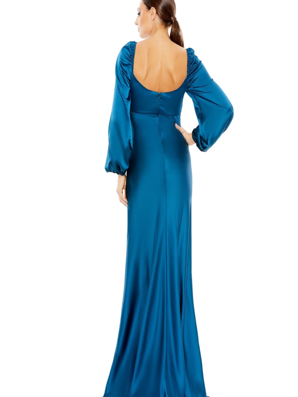 Mac Duggal Teal Satin Long Sleeve Empire Dress - Picture 3 of 3